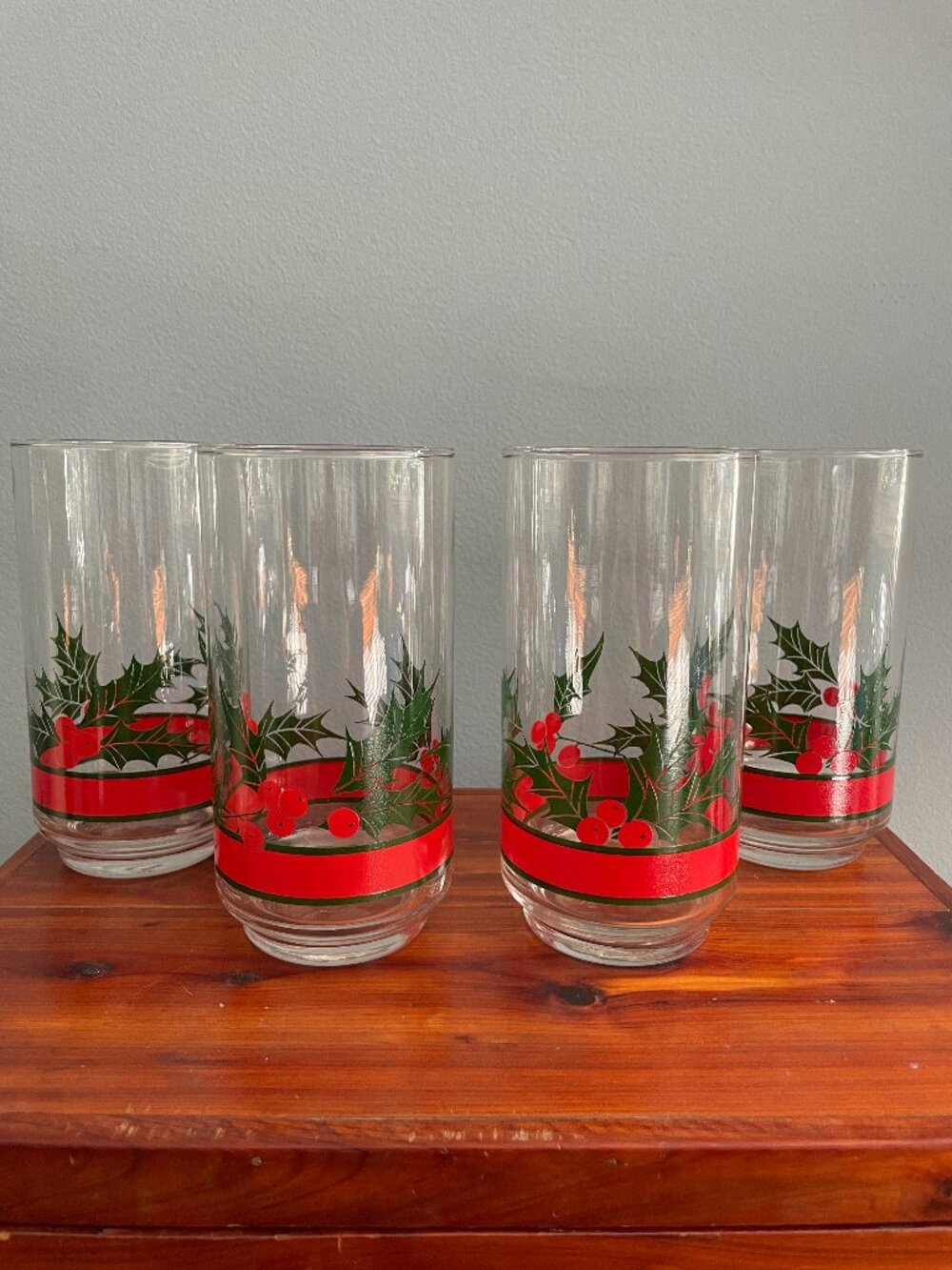 Libbey Holly & Berries Highball Tumbler Glasses Set of 4 Vintage 12 oz Christmas